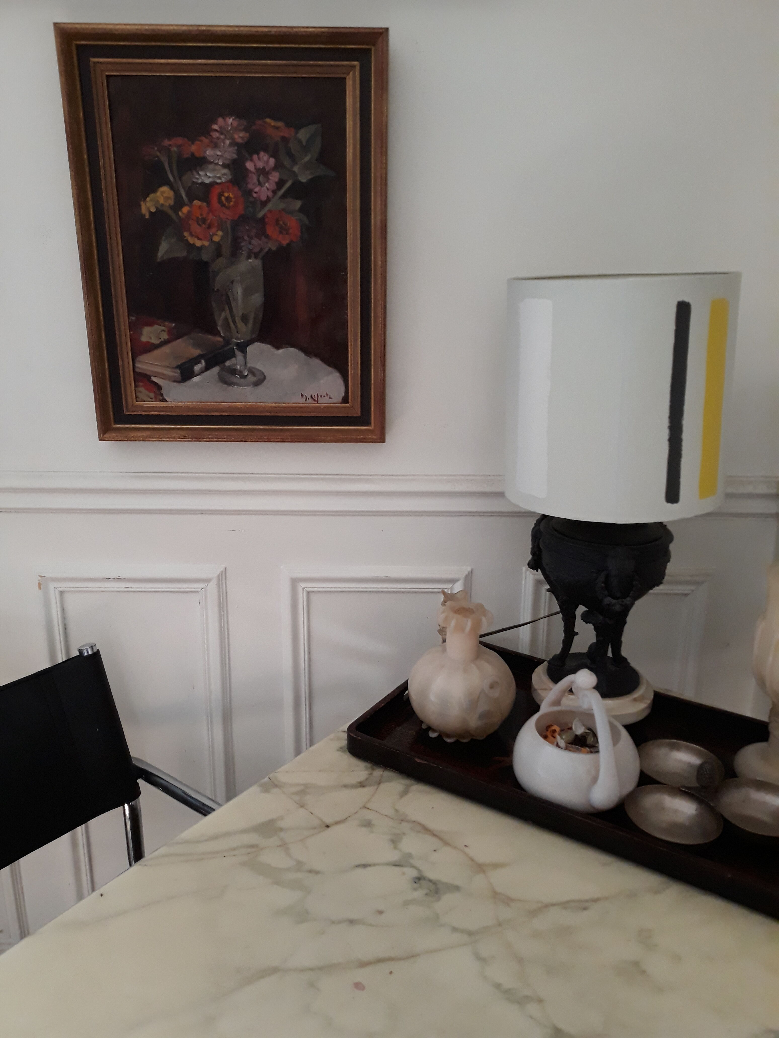 Oil on board, still life with flowers and book