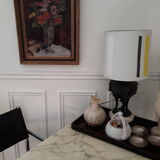 Oil on board, still life with flowers and book