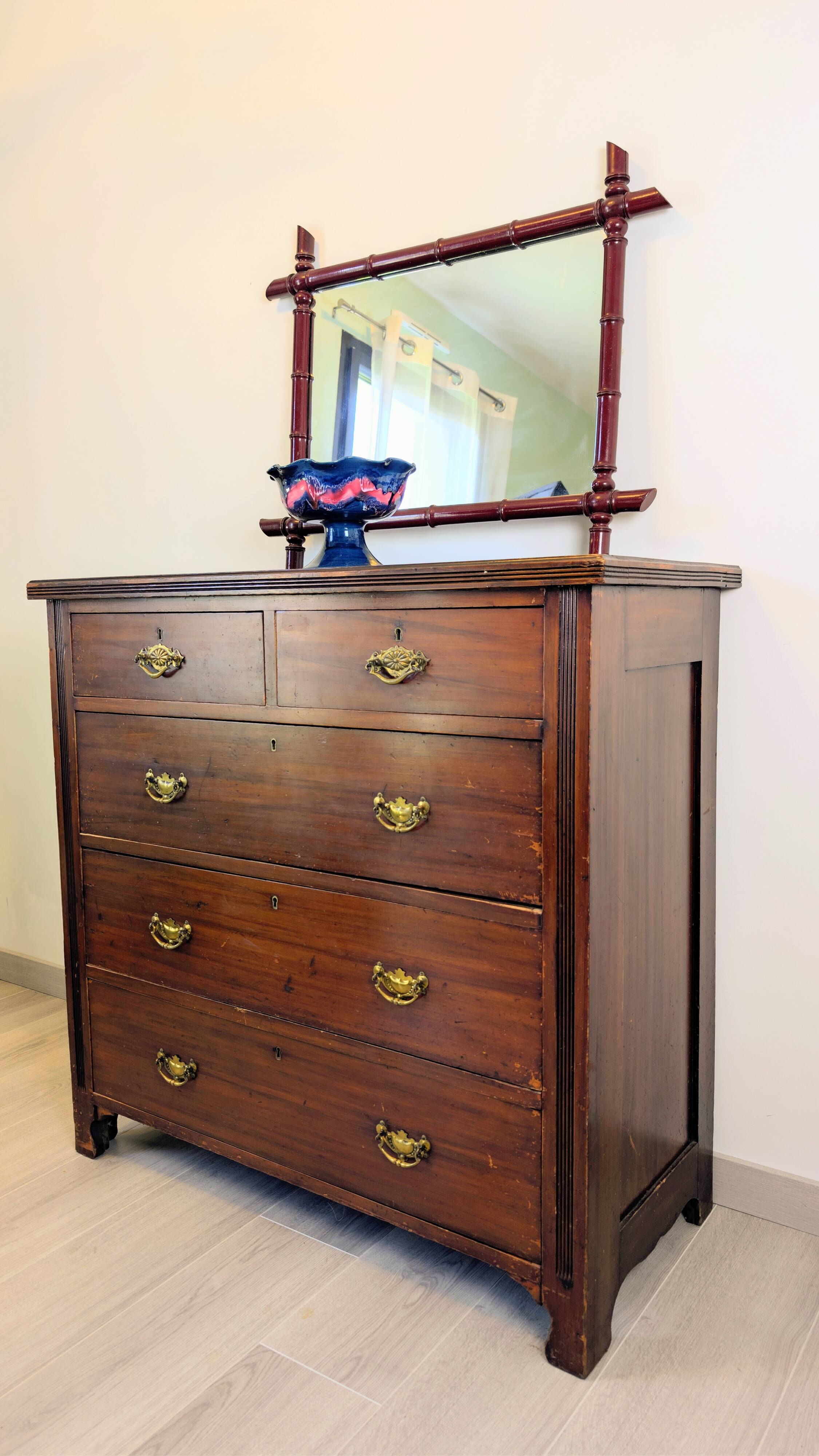 Vintage mirror with a bamboo effect in burgundy, chic exotic style - 79 x 64 cm