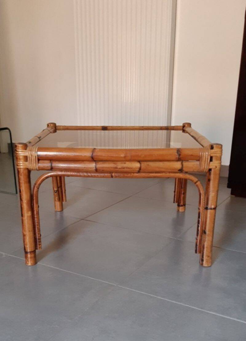 Vintage coffee table, rattan, bamboo and glass in the style of Vivai del Sud.