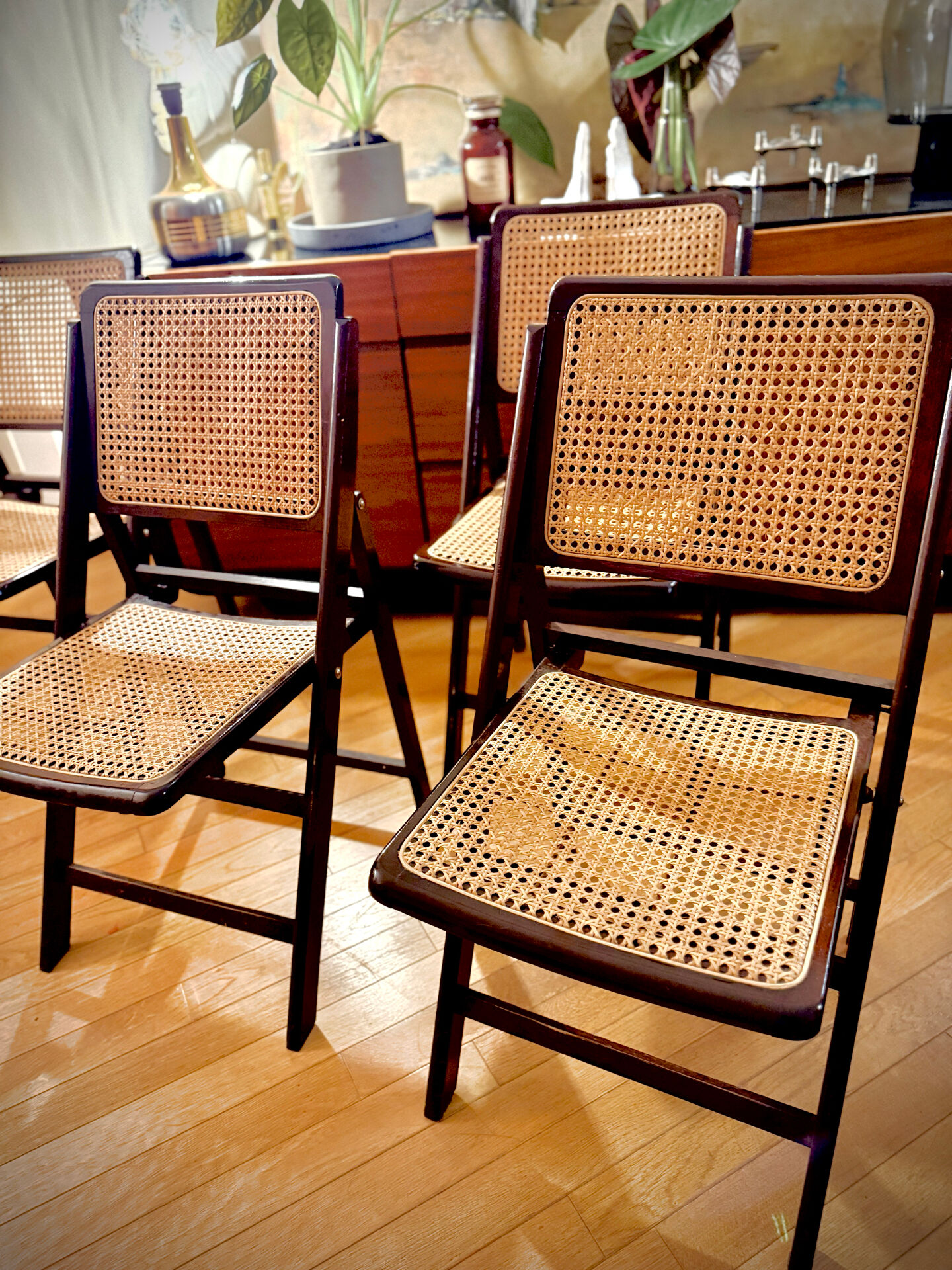 vintage wooden folding chairs with caning