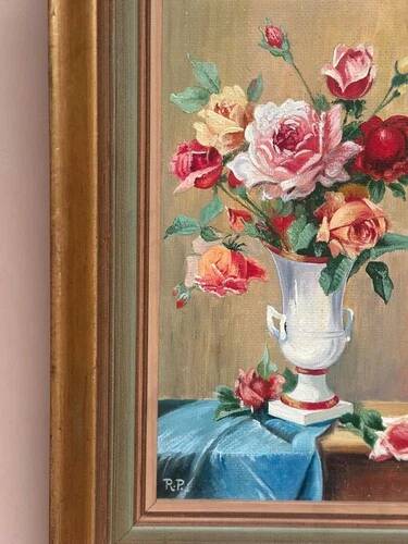 Oil on Canvas – “Still Life with Vase” by R.P. Vintage & Framed 28×40cm