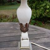Lampe de salon rétro 1950 albâtre / laiton abat jour soie ecru