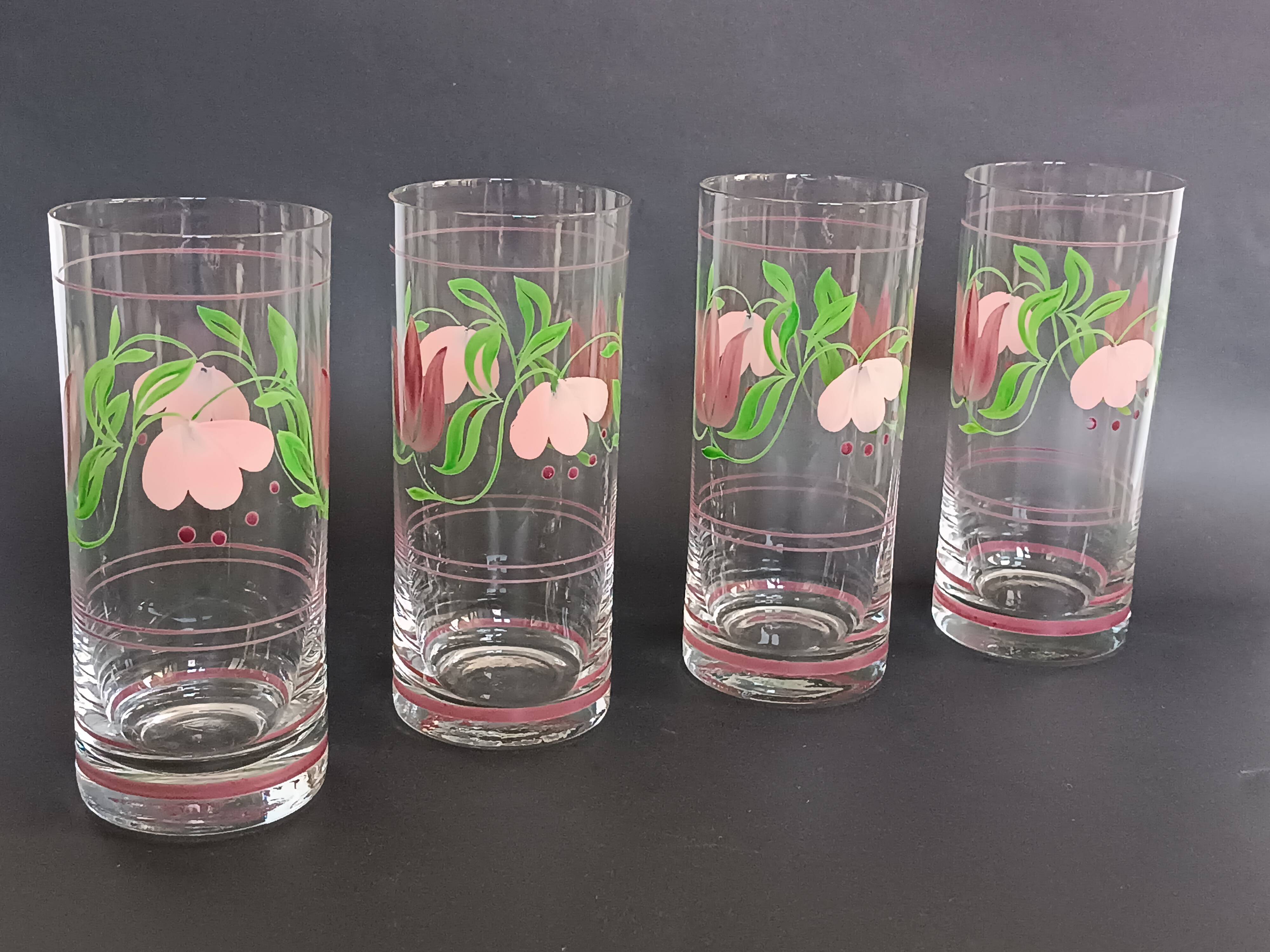 Carafe and four glasses in painted crystal, Hartzviller crystal factory, 1970