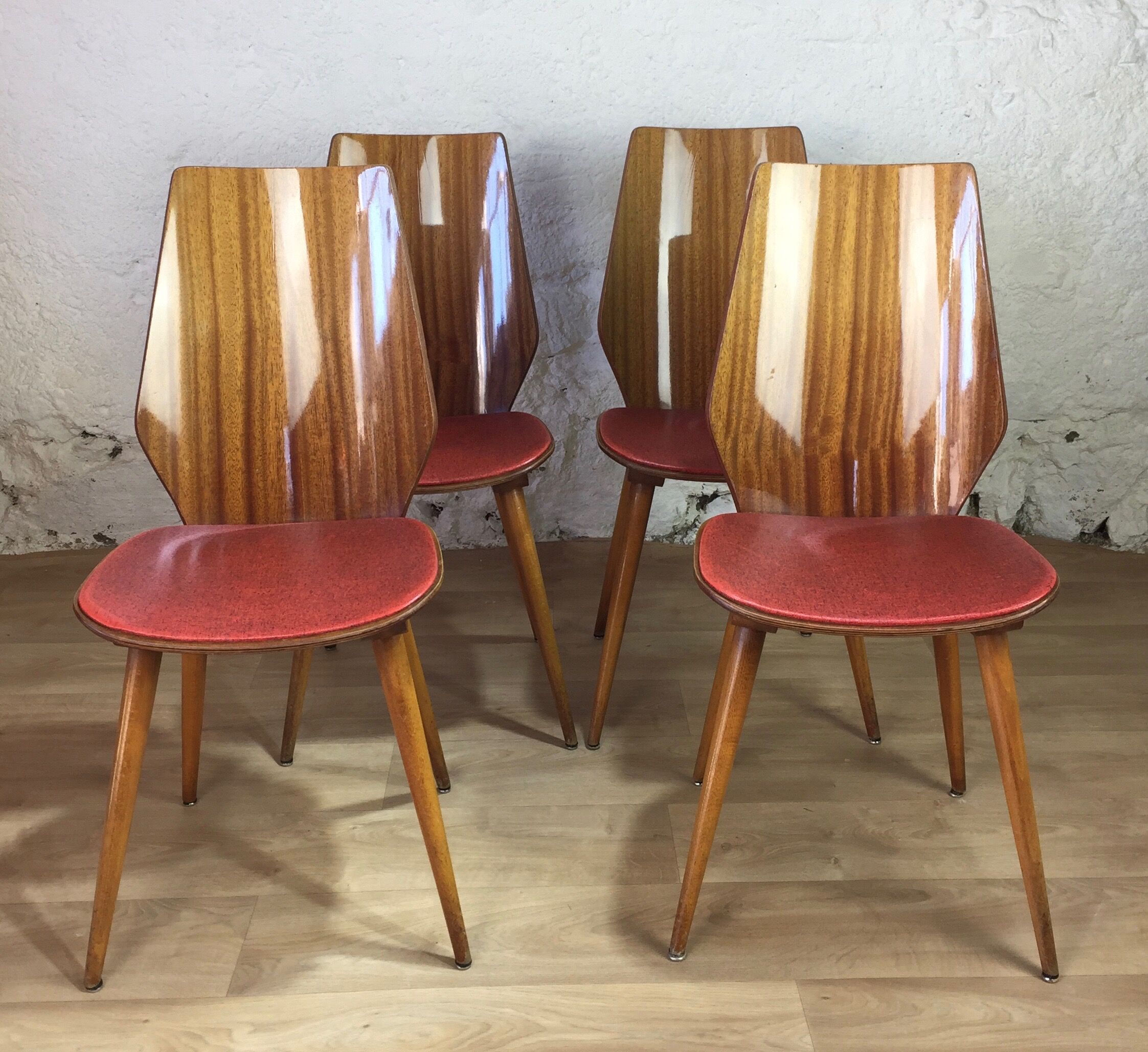 Lot of 4 chairs 1960s skai red compass feet