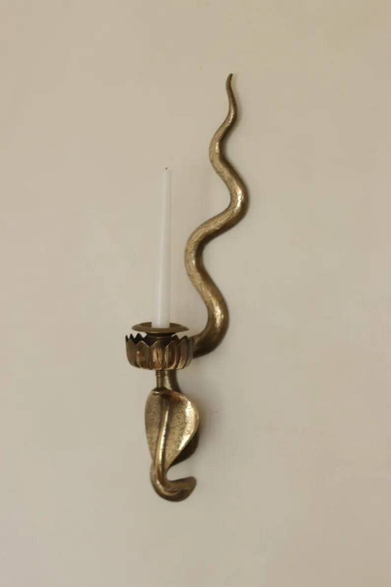 Pair of Egyptian Revival Style Engraved Brass Cobra Sconces