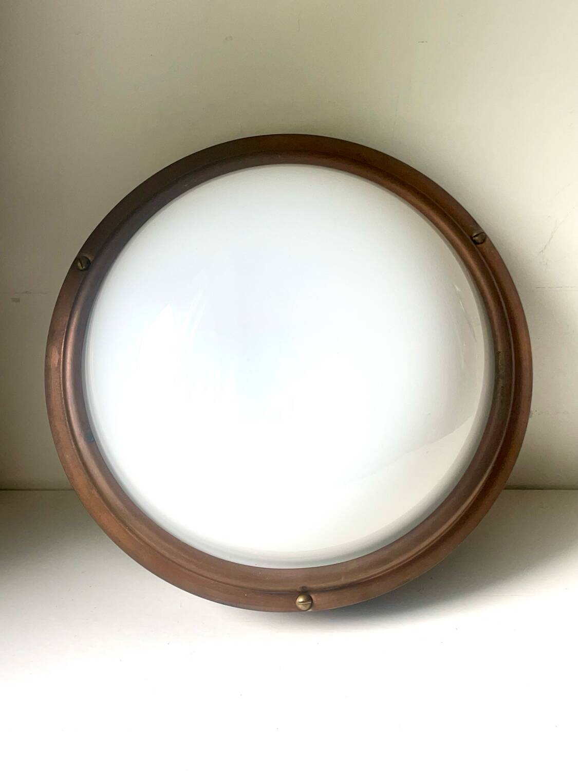 Vintage  wall or ceiling light in Mahogany & copper with  glass from a yacht