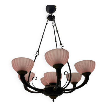 Lustre en fer forgé rose de style Liberty des années 1960