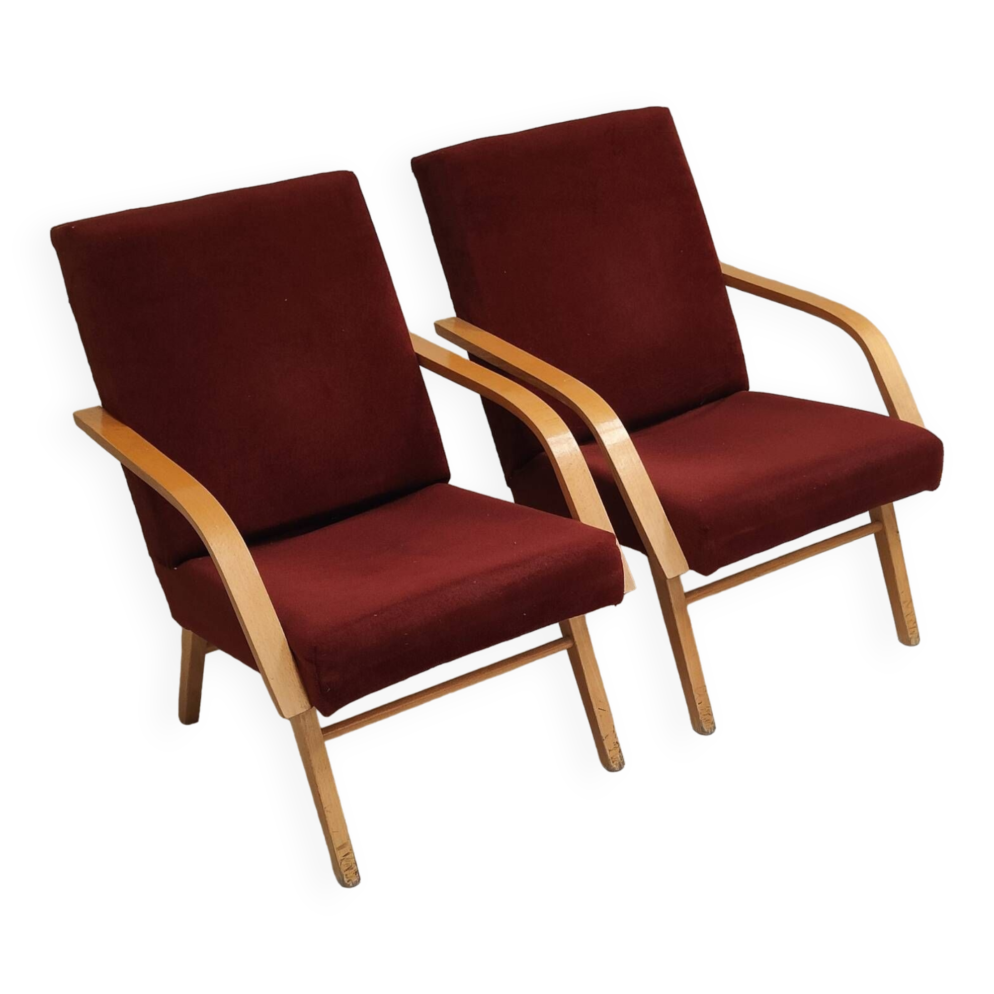 Pair of Czech burgundy brown velvet armchairs 1970