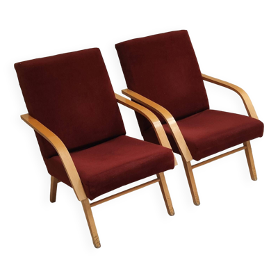 Paire de fauteuils Tchèques en velours marron-bordeaux 1970