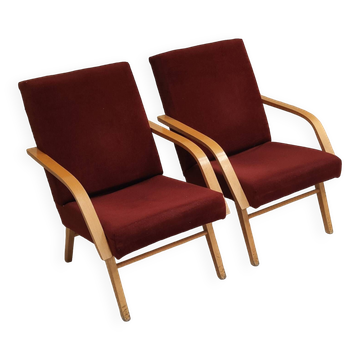 Paire de fauteuils Tchèques en velours marron-bordeaux 1970
