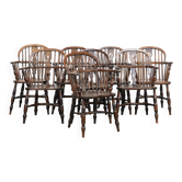 Antique set of 8 very beautiful English Windsor chairs/armchairs with a beautiful colour scheme and a nice patina