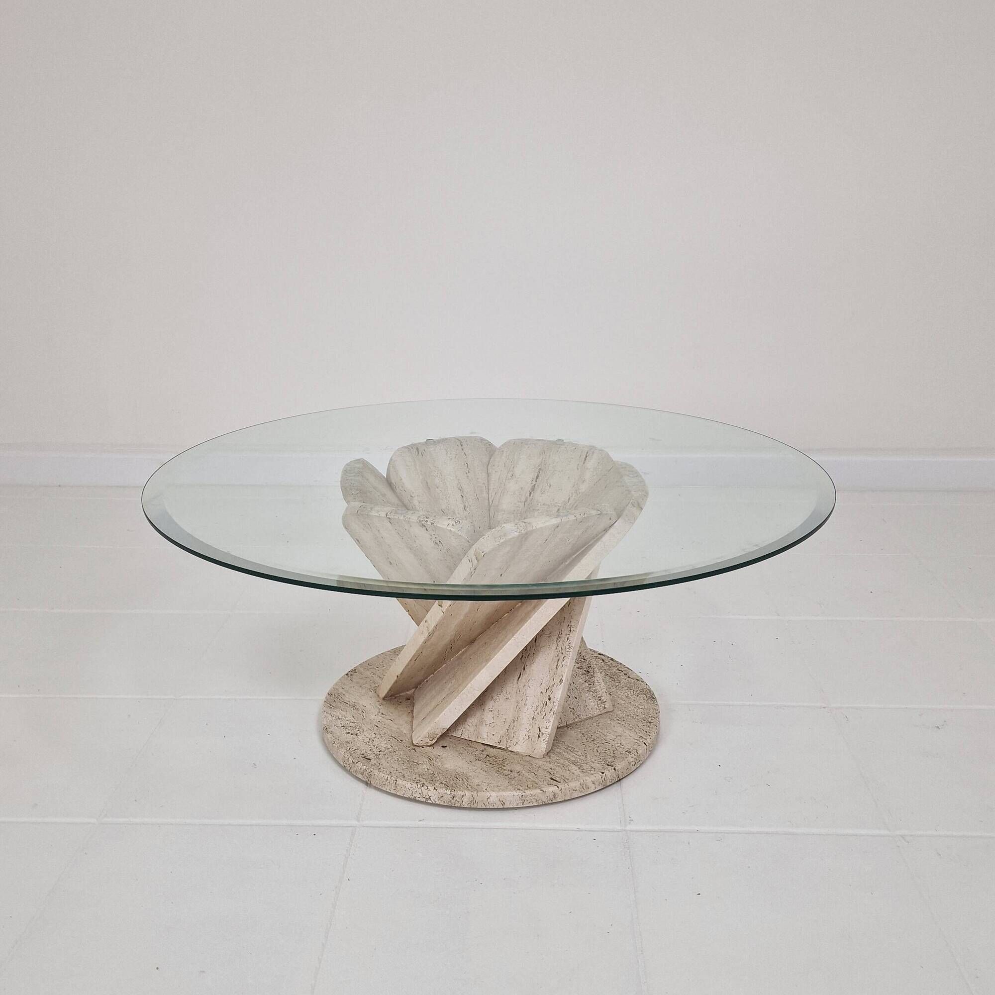 Italian "Flower" Coffee Table in Travertine With Facet-cut Round Plate, 1980s