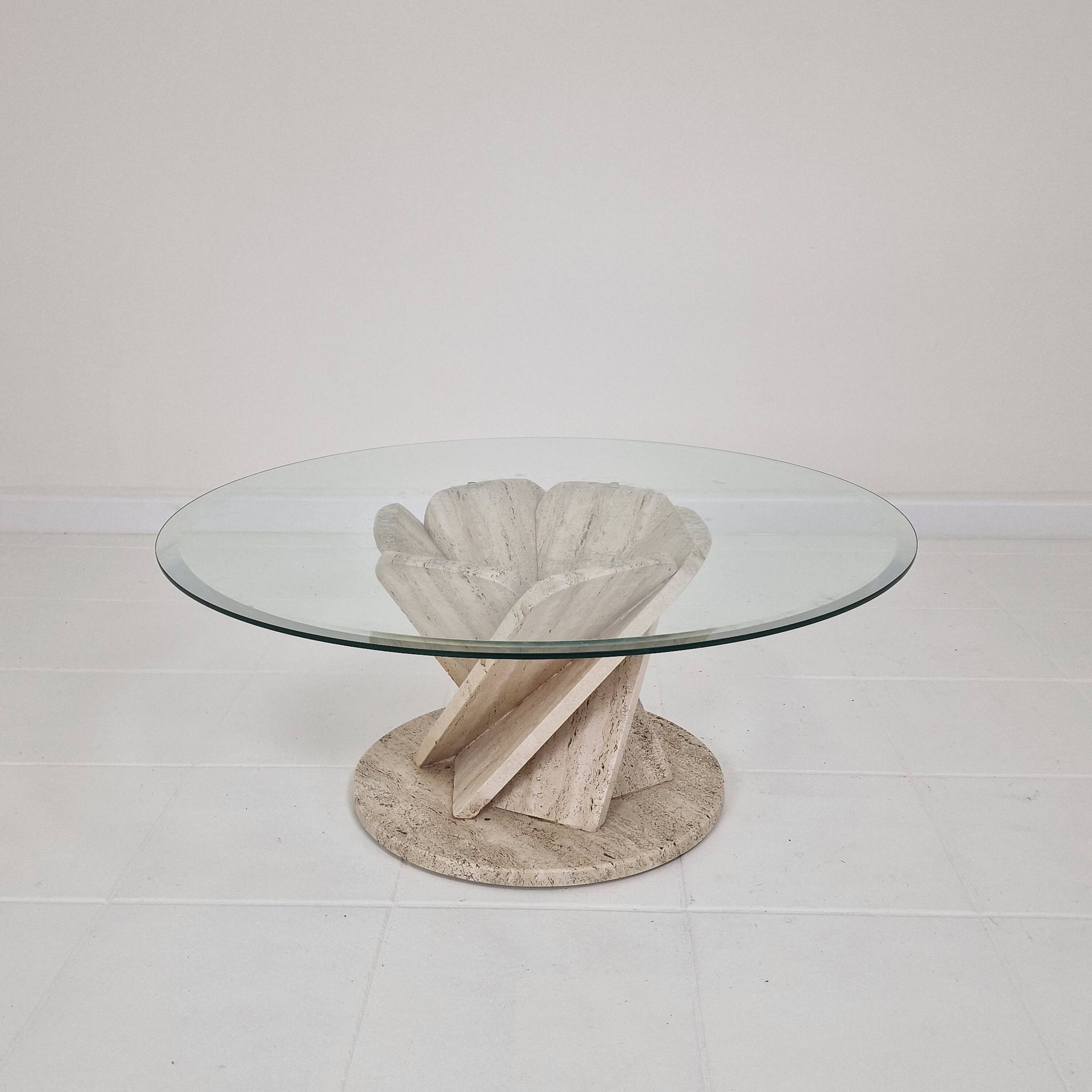 Italian "Flower" Coffee Table in Travertine With Facet-cut Round Plate, 1980s