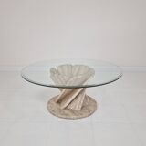 Italian "Flower" Coffee Table in Travertine With Facet-cut Round Plate, 1980s