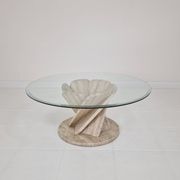 Italian "Flower" Coffee Table in Travertine With Facet-cut Round Plate, 1980s