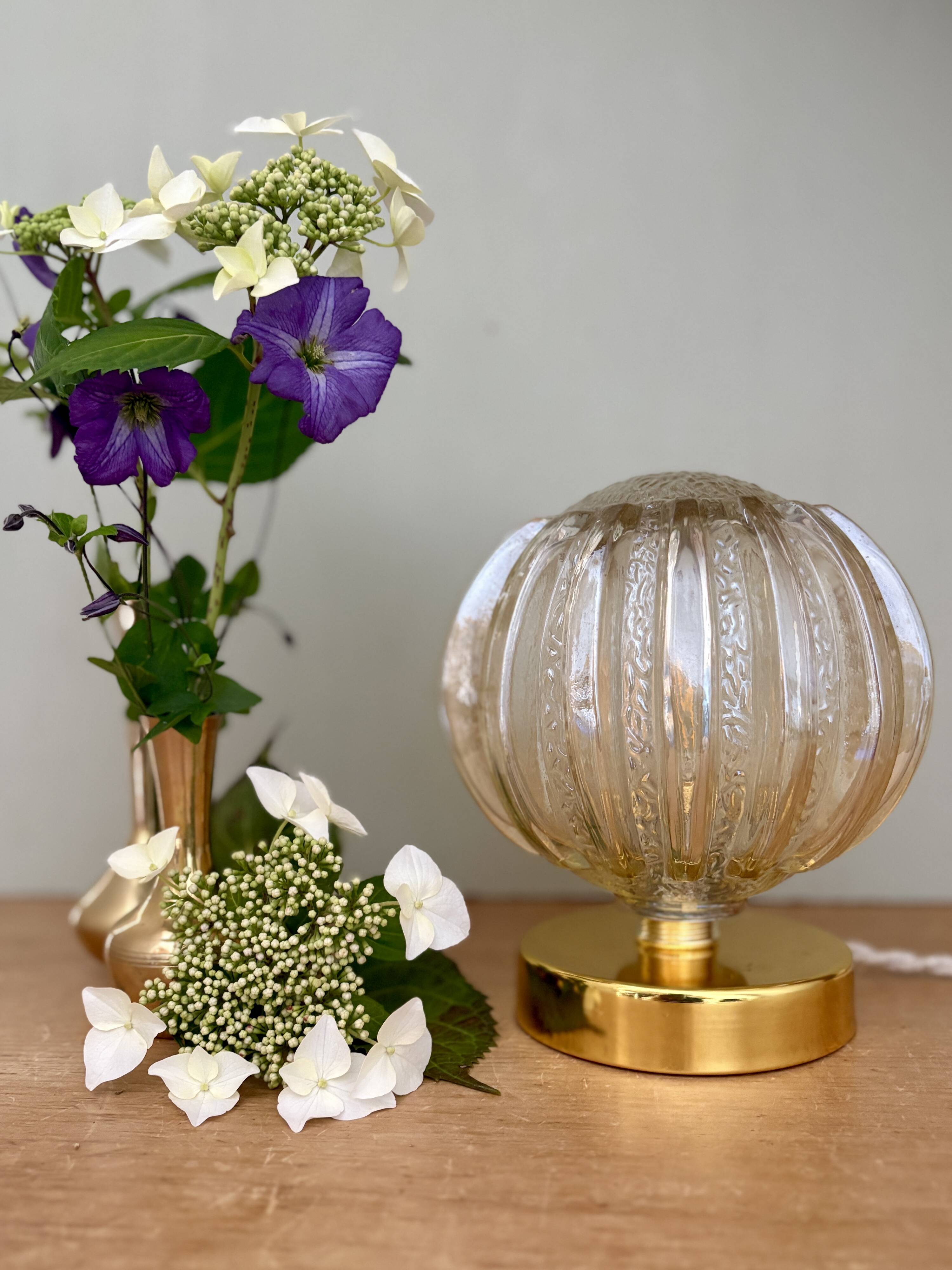 Vintage globe table lamp in half amber, half transparent molded glass
