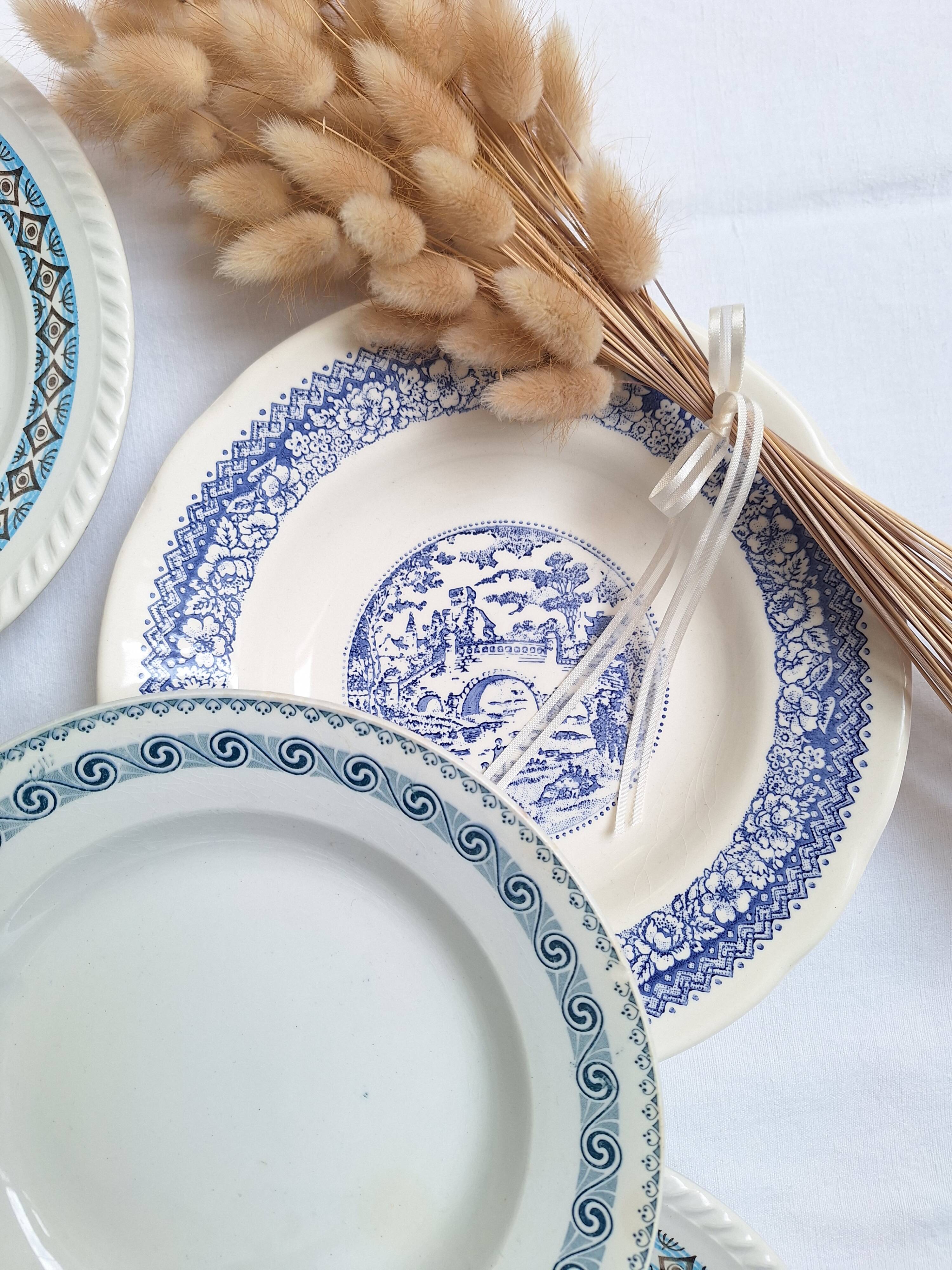 St Amand blue soup plates, Ironstone