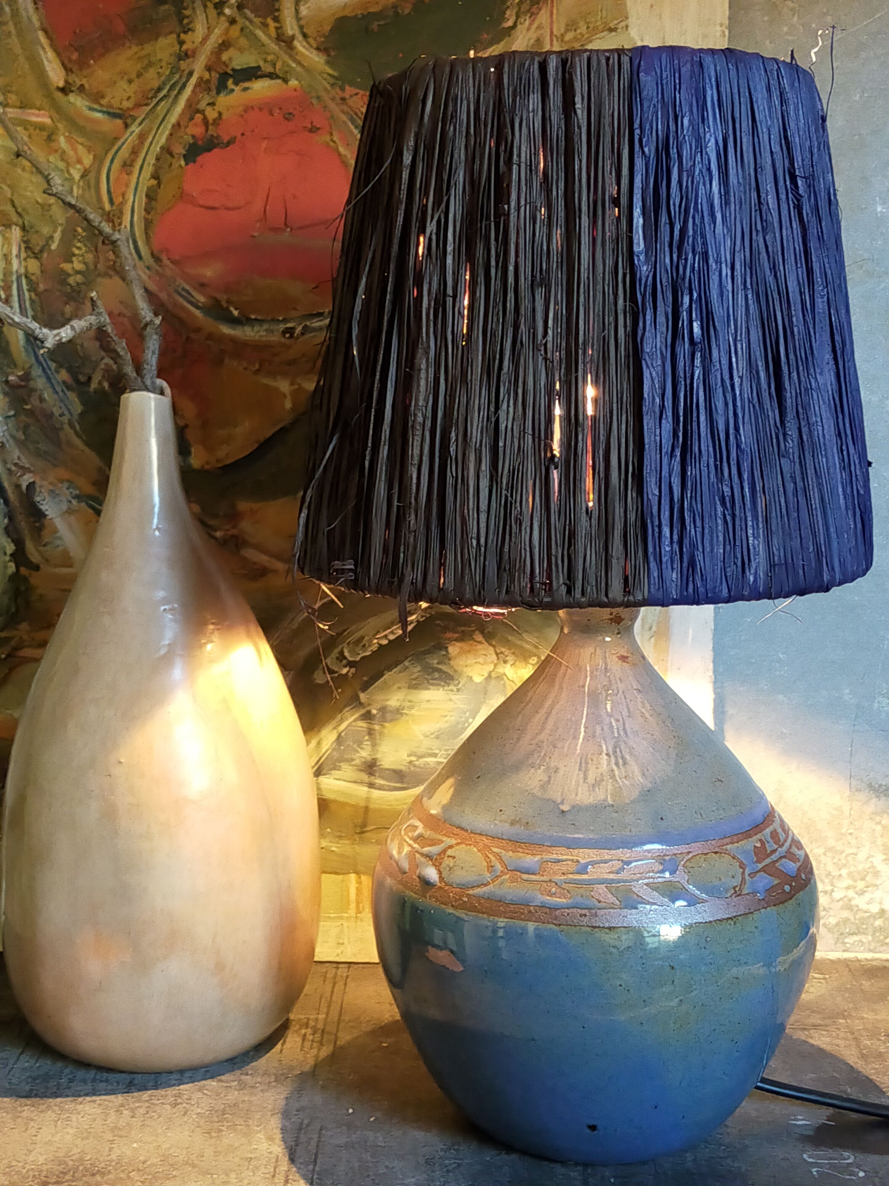 Vintage potter's ceramic table lamp, raffia lampshade