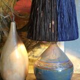 Vintage potter's ceramic table lamp, raffia lampshade