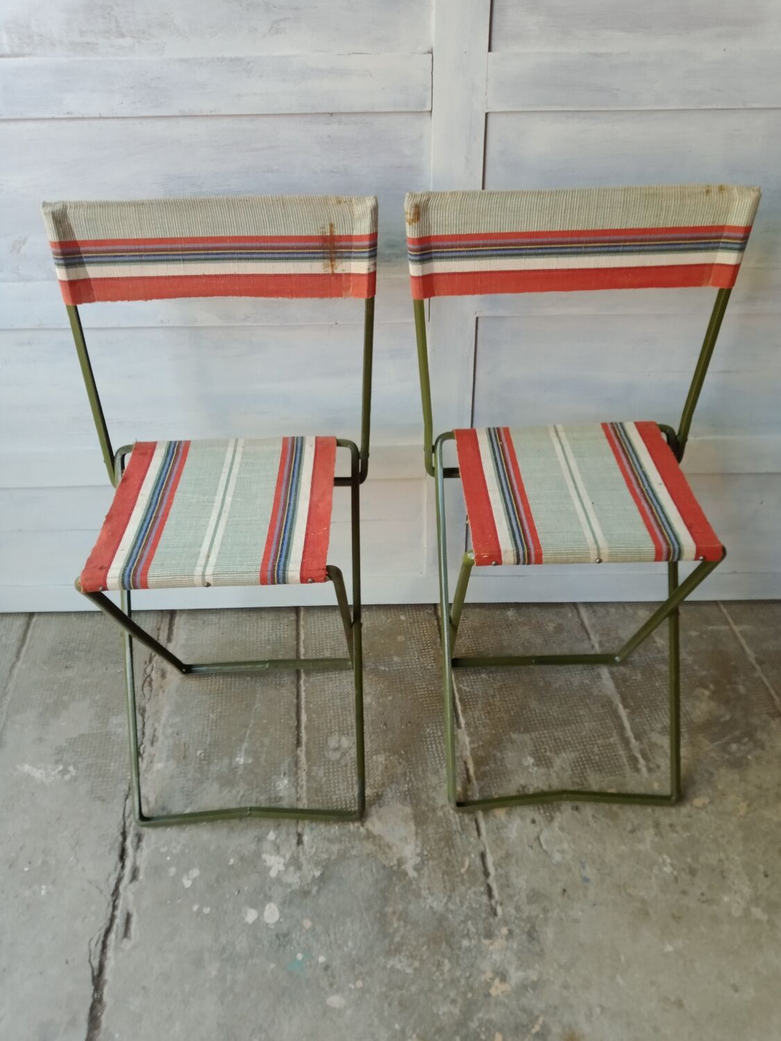 Vintage metal and canvas folding camping chairs