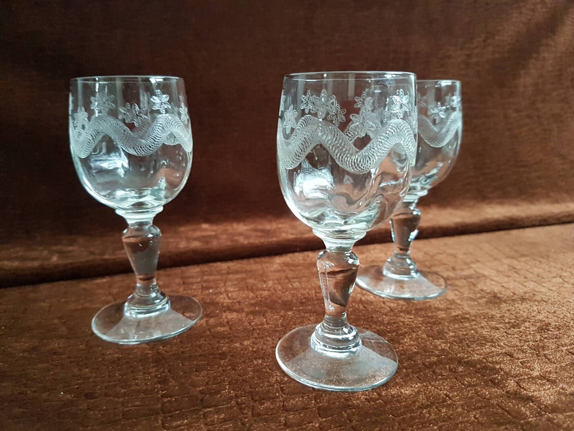 3 small crystal walking glasses fine decoration- very good condition