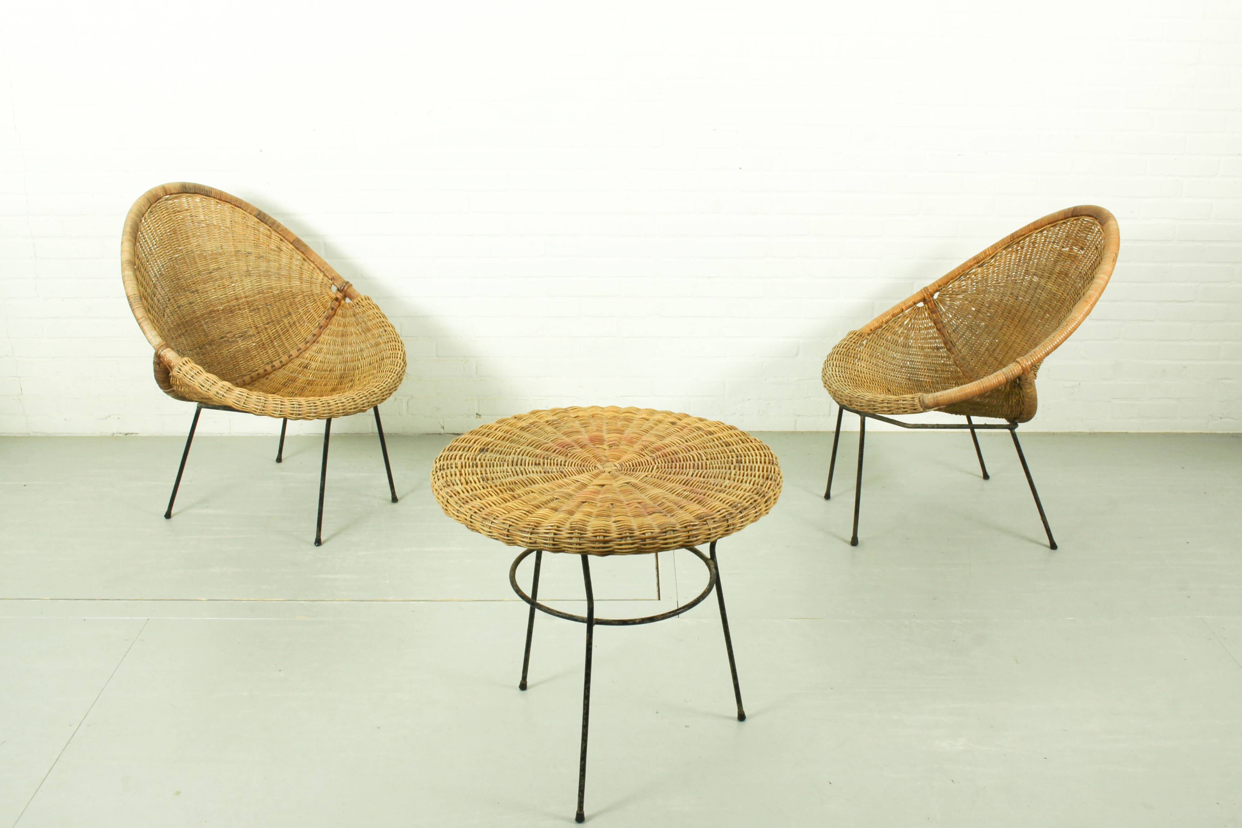1950s Italian Rattan Basket Chairs & Matching Bistro Table Set