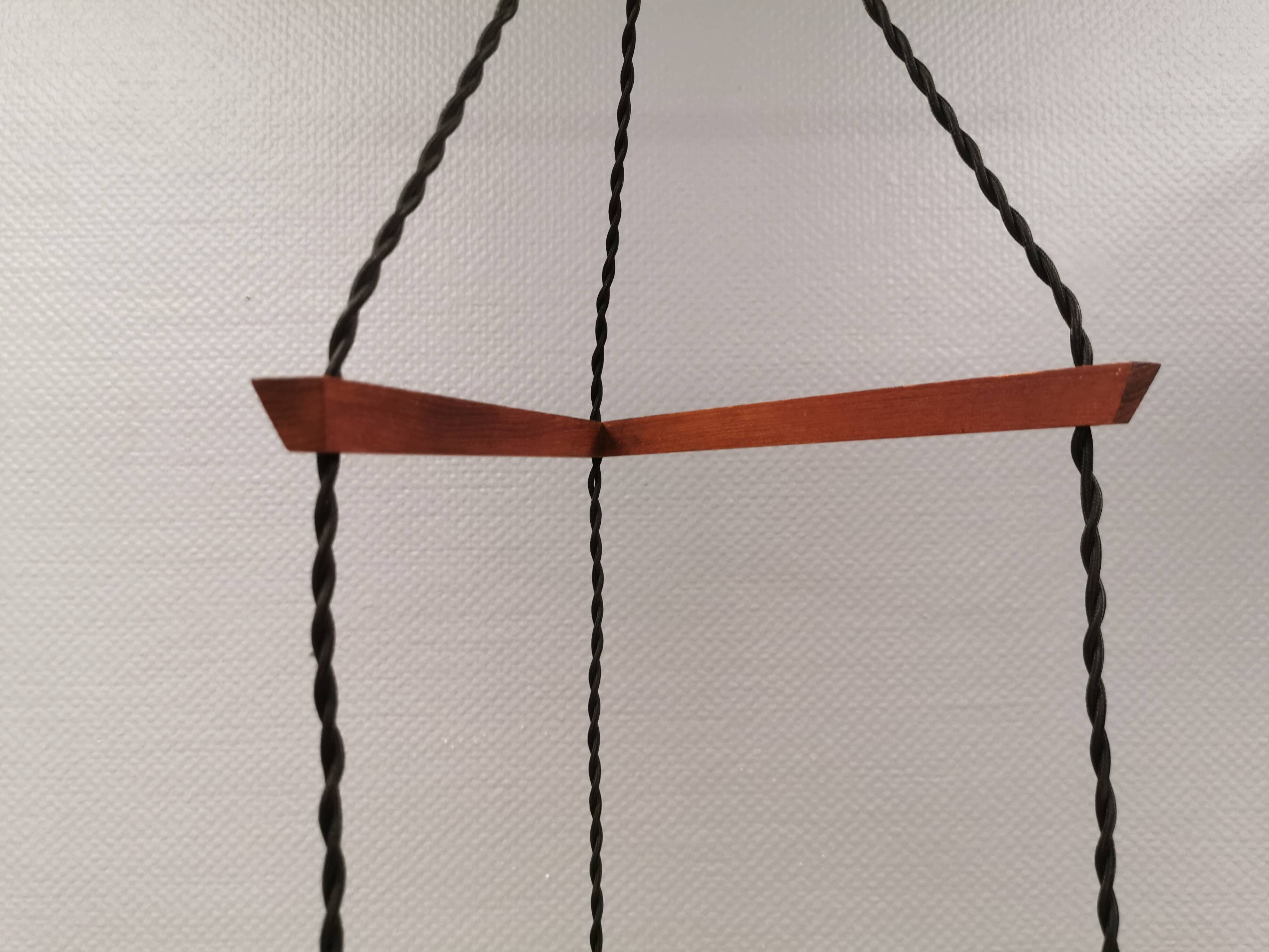 Three-part pendant in crystal glass, teak wood, and thin dusty green metal