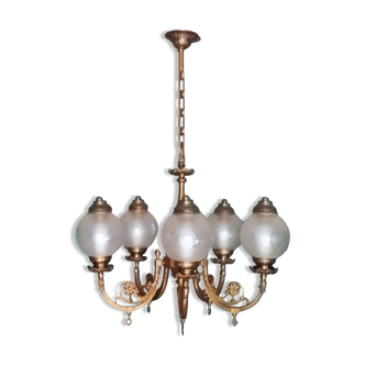 Lustre Louis Philippe bronze  Haut 80 cm  maxi , diametre 47cm  ,5 globes diametre 13cm