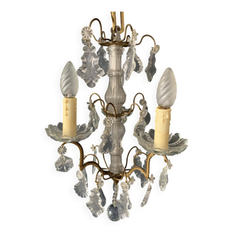 Lustre en bronze doré et pampilles en cristal, début du 20e siècle