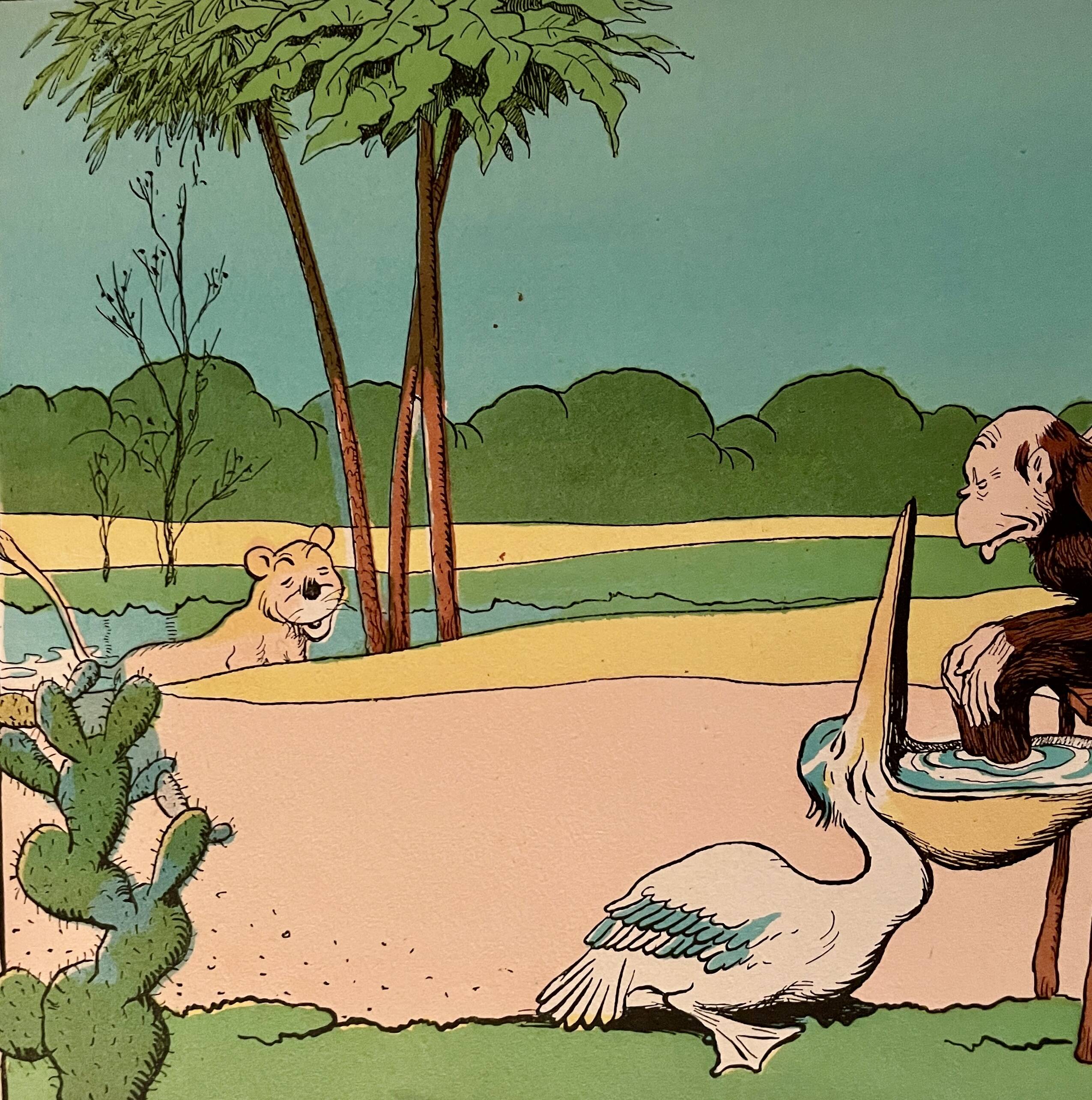 Old humorous satirical illustration of animals (pelican monkey) - 1930
