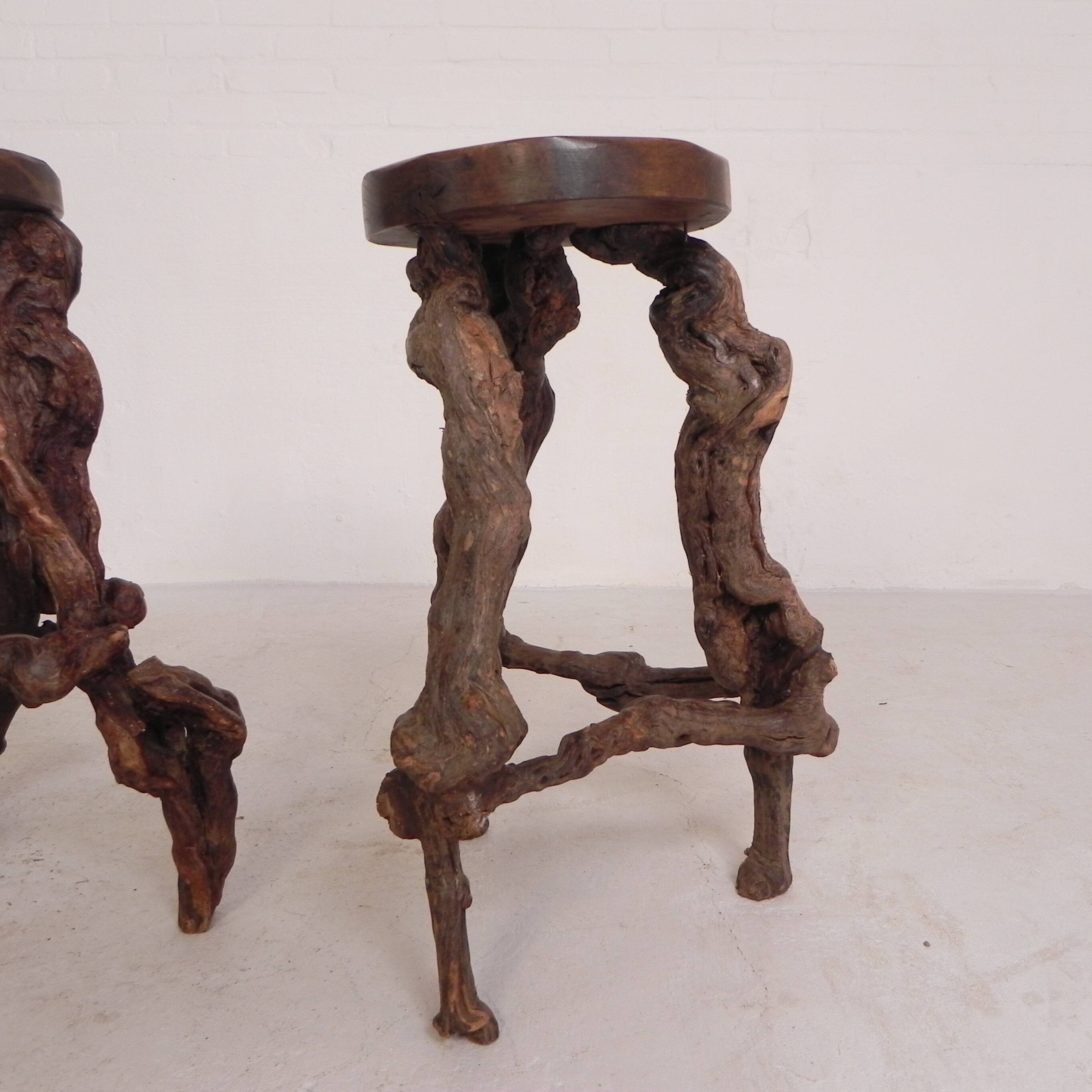 Set of 3 vintage wooden vine bar stools, 1960s