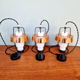 Trio of Scandinavian pendant lights in opaline and copper metal, 1960s