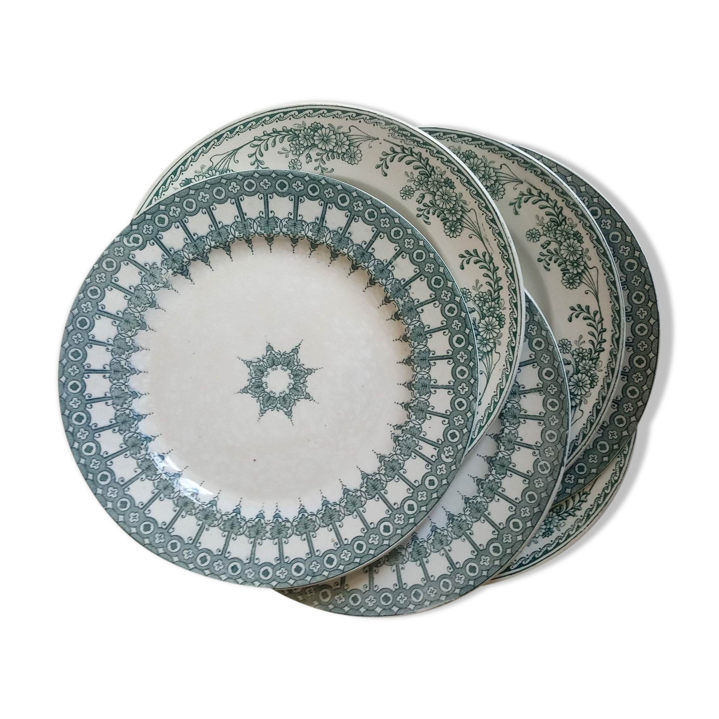 6 old dessert plates, iron earth, green décor