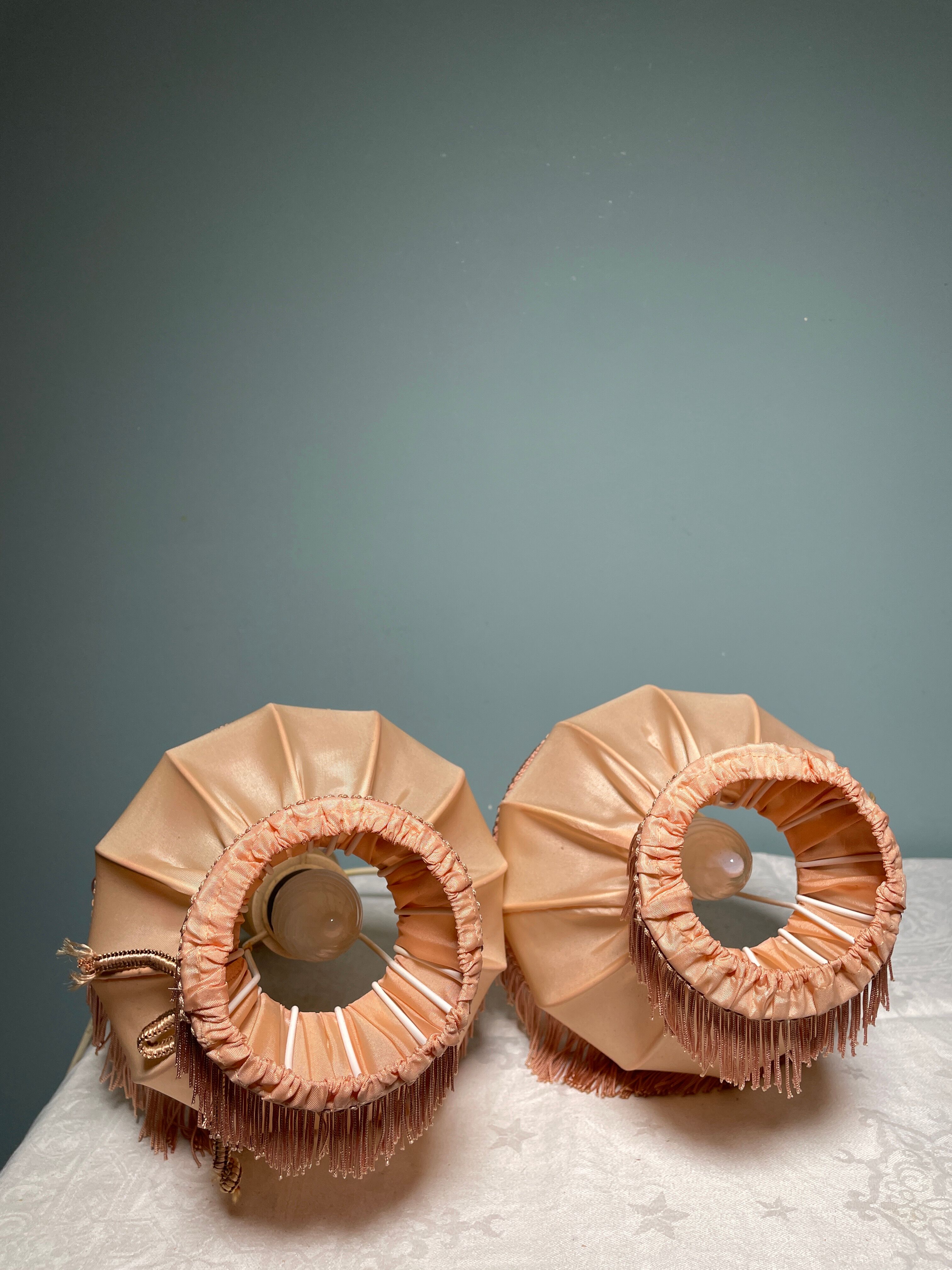 Pair of vintage bedside lamps with pink fringes