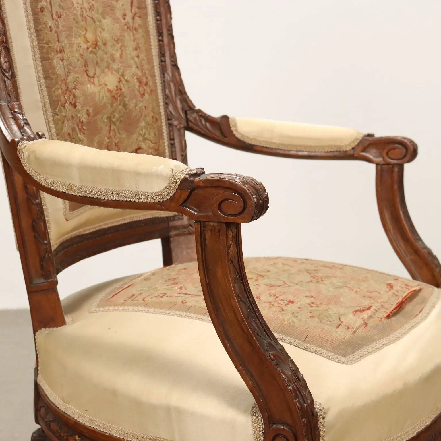 Antique beech armchair stained walnut, fabric, Italy, 19th century
