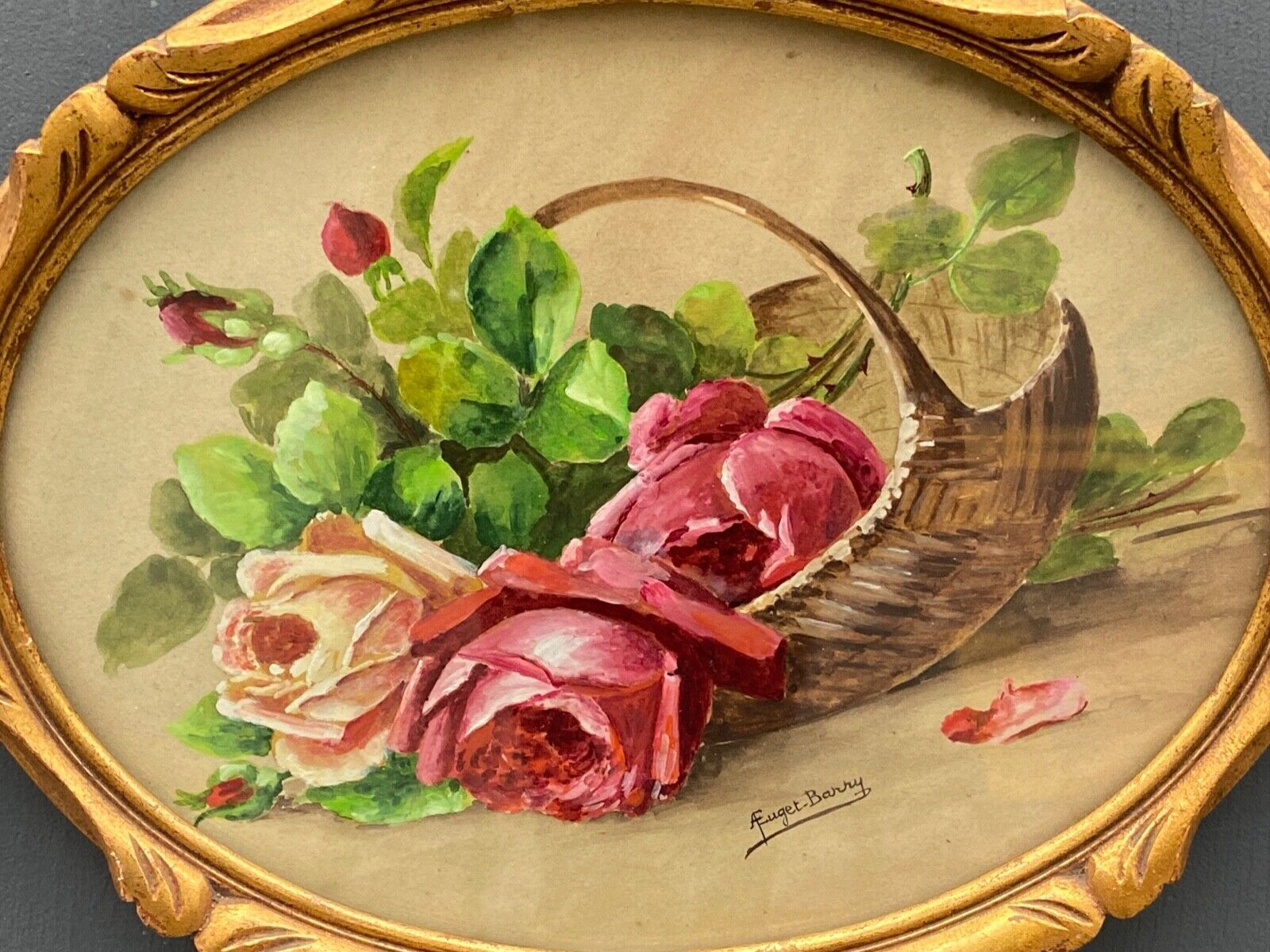 Aquarelle sur papier par A.Euget Barry bouquet de fleurs cadre dore