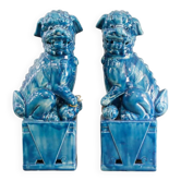 Paire de serre-livres chiens Foo en céramique émaillée turquoise, Manises