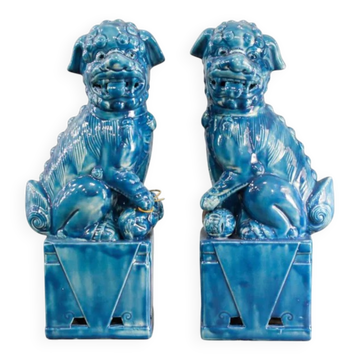 Pair of Foo dog bookends in turquoise glazed ceramic, Manises