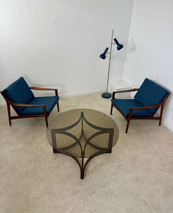 Ancienne table basse en palissandre et plateau de verre design Ingmar Relling pour Westnofa vintag annees 70