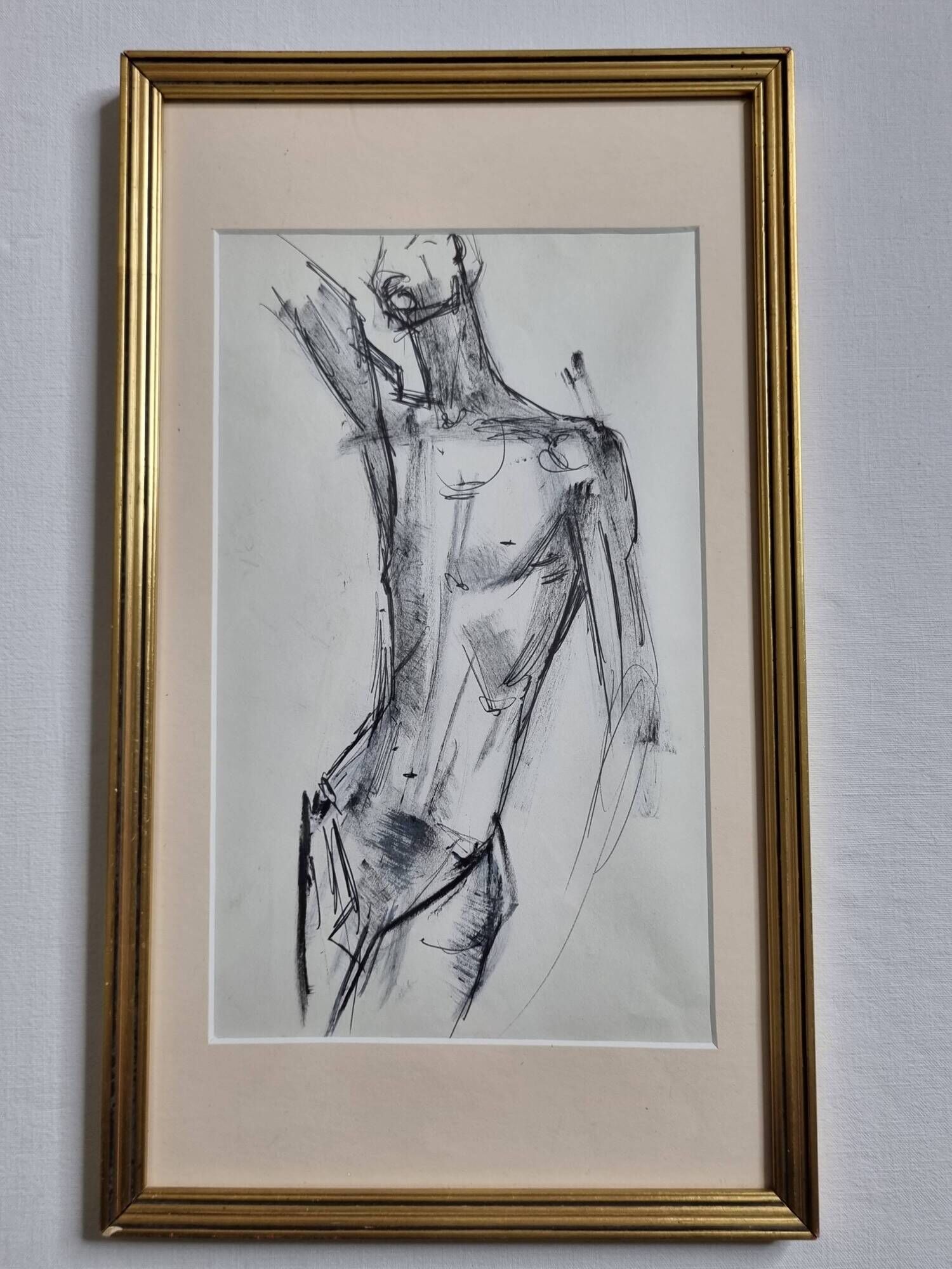 Charcoal study of a male nude, attributed to Maurice de Bus, gilded frame, 21 x 36 cm