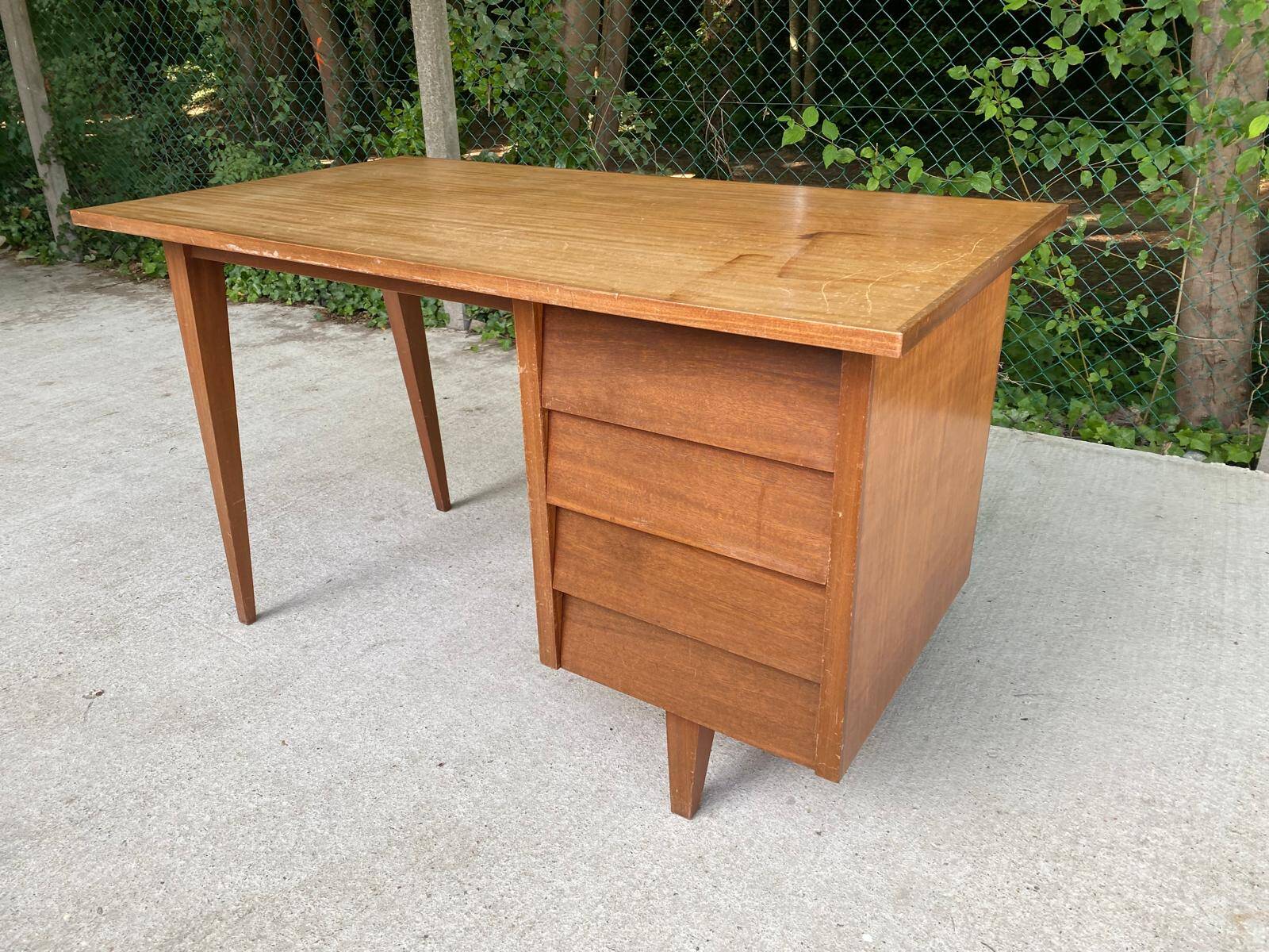 1940s Scandinavian wooden desk with 4 drawers and spindle legs