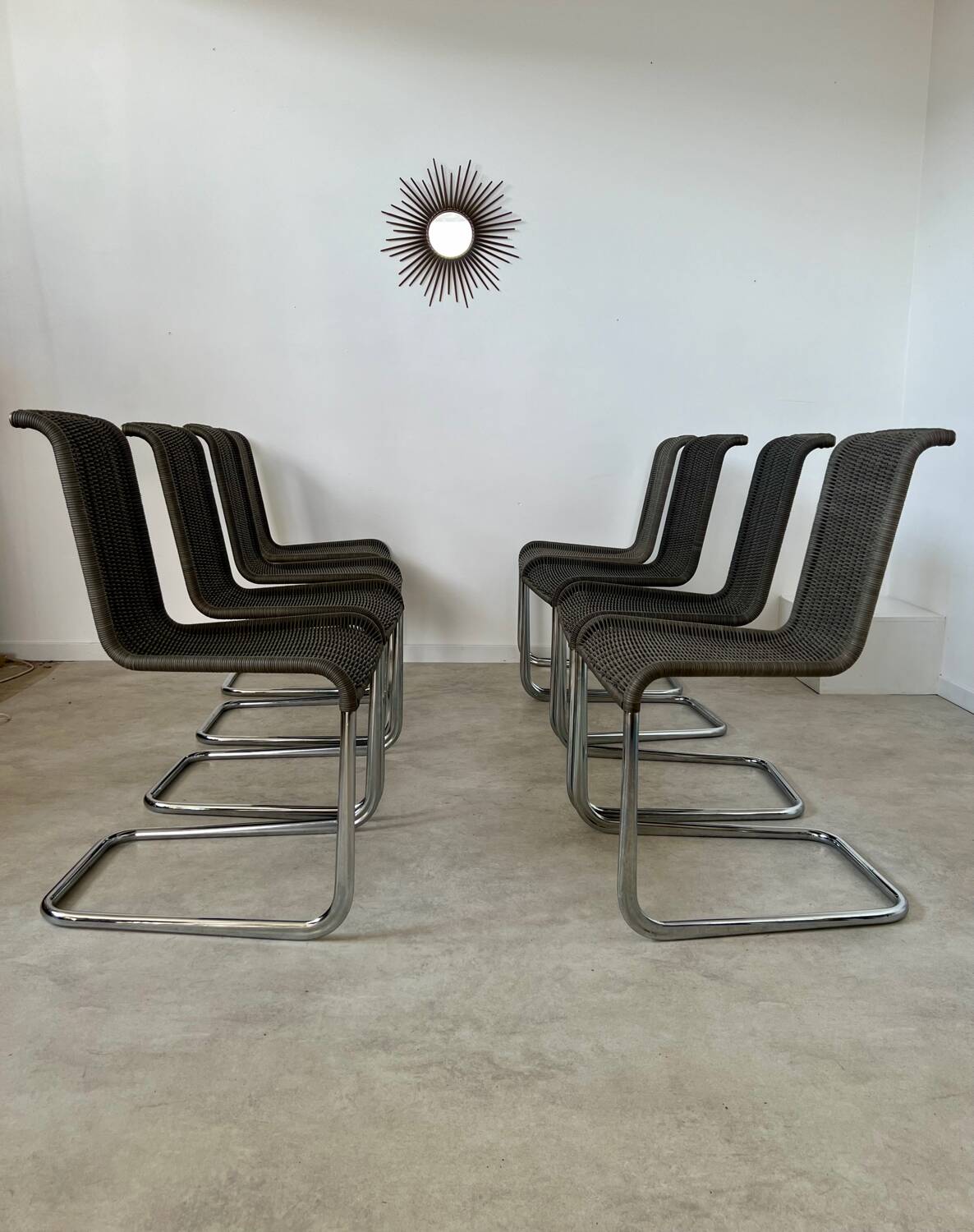Set of 8 Tecta designer tubular chairs, Bauhaus style, metal and vintage gray cane, 80s