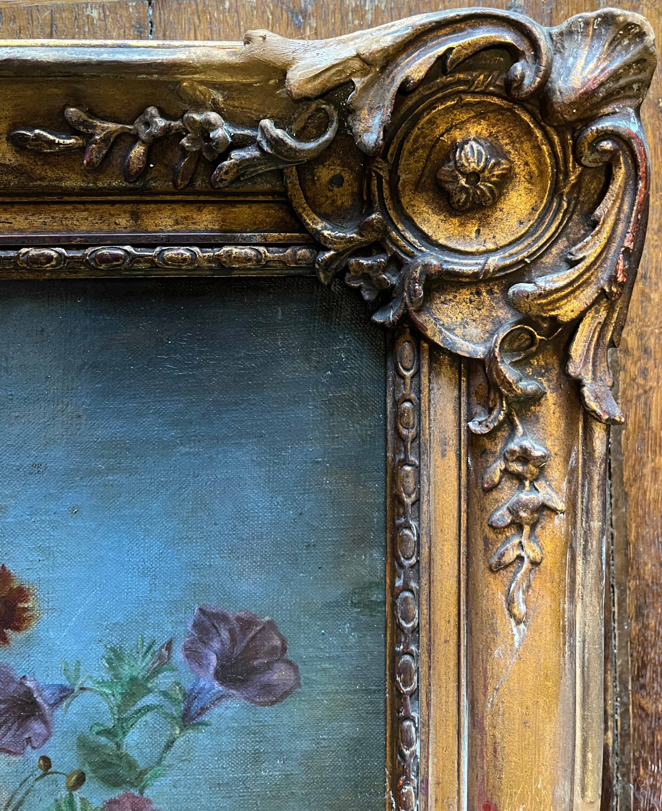 Tableau HST vers 1874 Jetée de fleur sur entablement signé + cadre