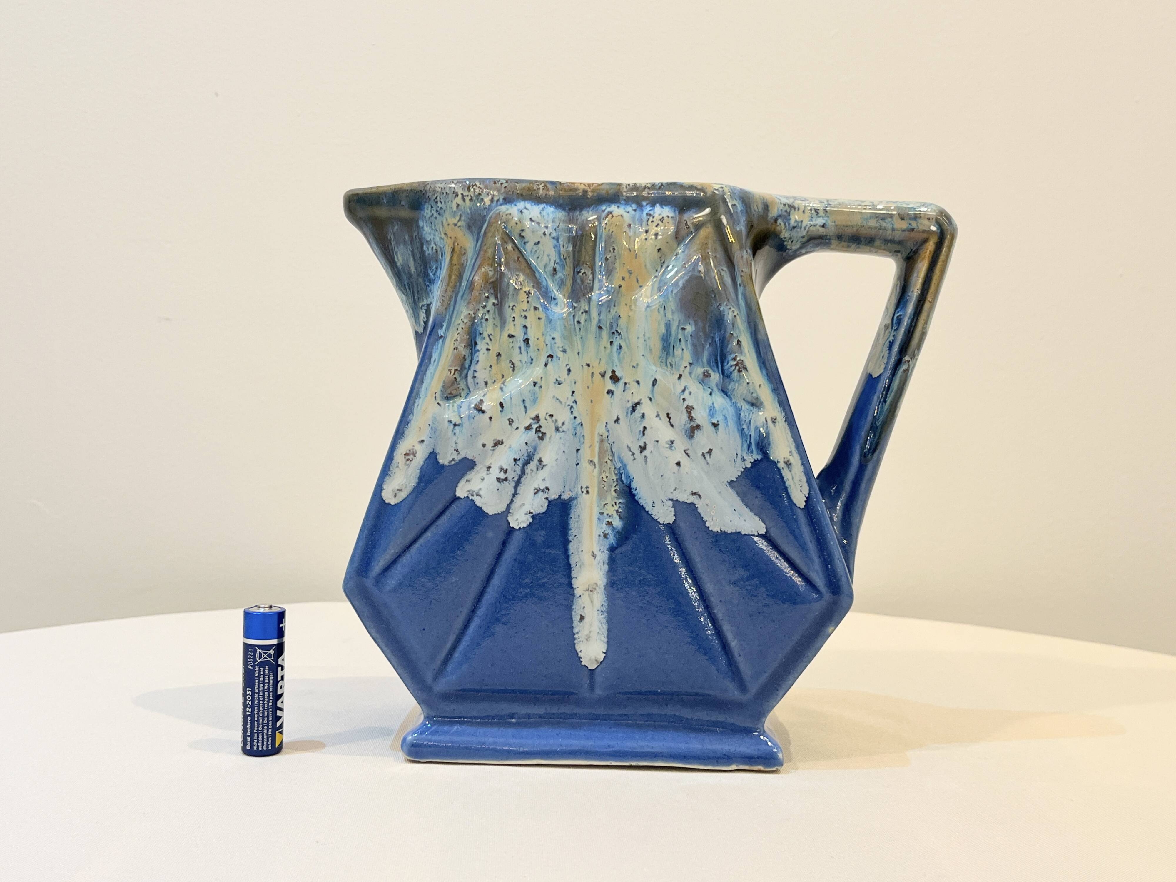 Large vintage art deco pitcher alpho in fat lava blue ceramic vase signed