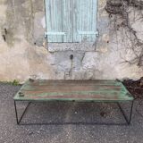 Pair of green teak coffee tables.