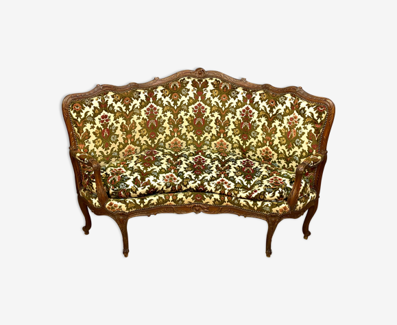Banquette demie-lune Louis XV Rocaille en noyer vers 1850