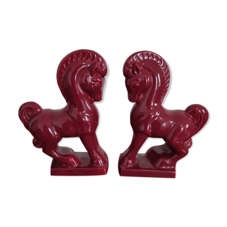 Pair of red porcelain horse bookends