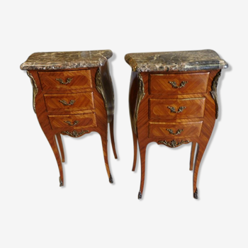 Pair of Louis XV rosewood bedside tables 3 drawers marble top