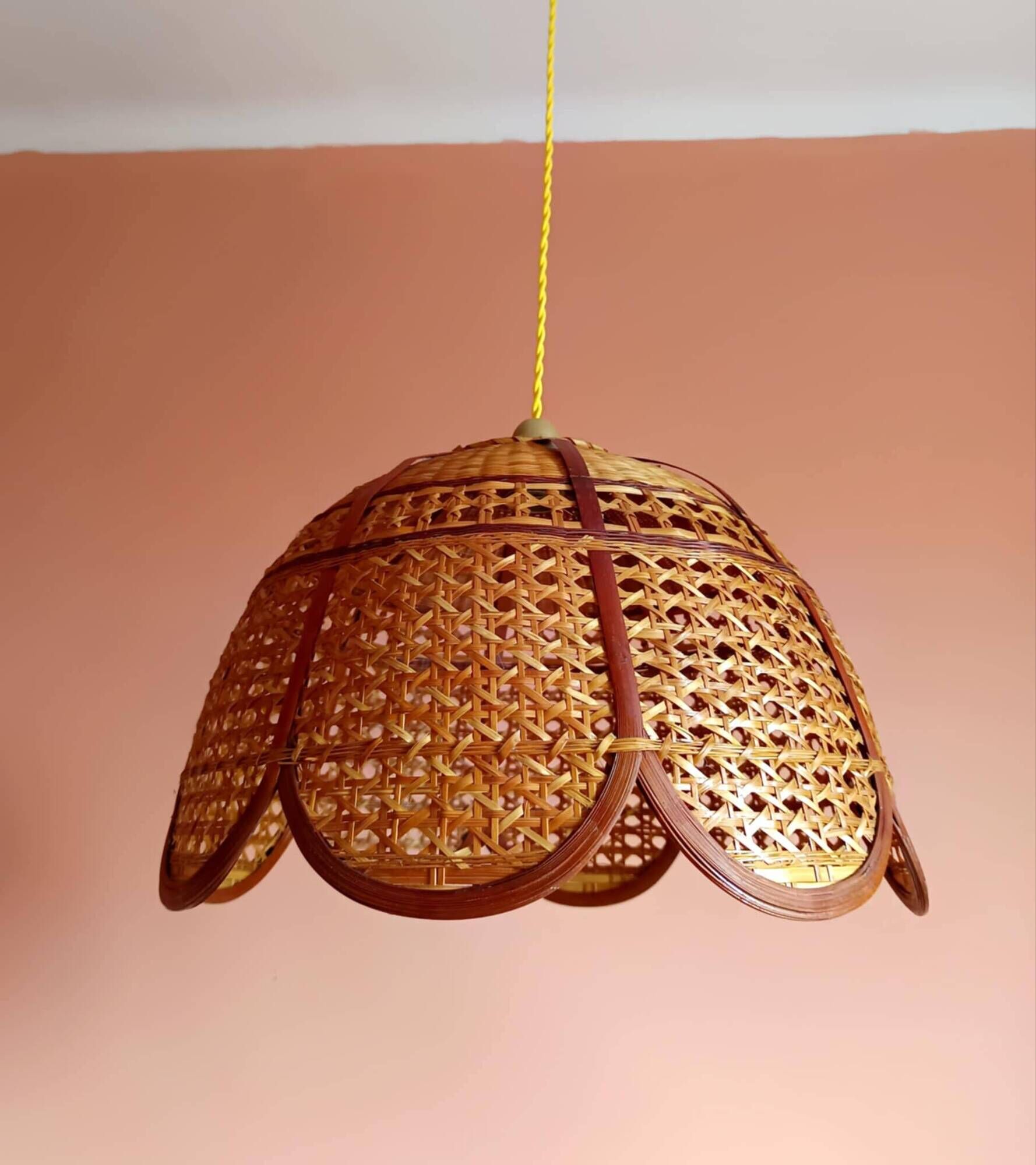 Large cane and rattan vintage bohemian suspension from the 1970s.